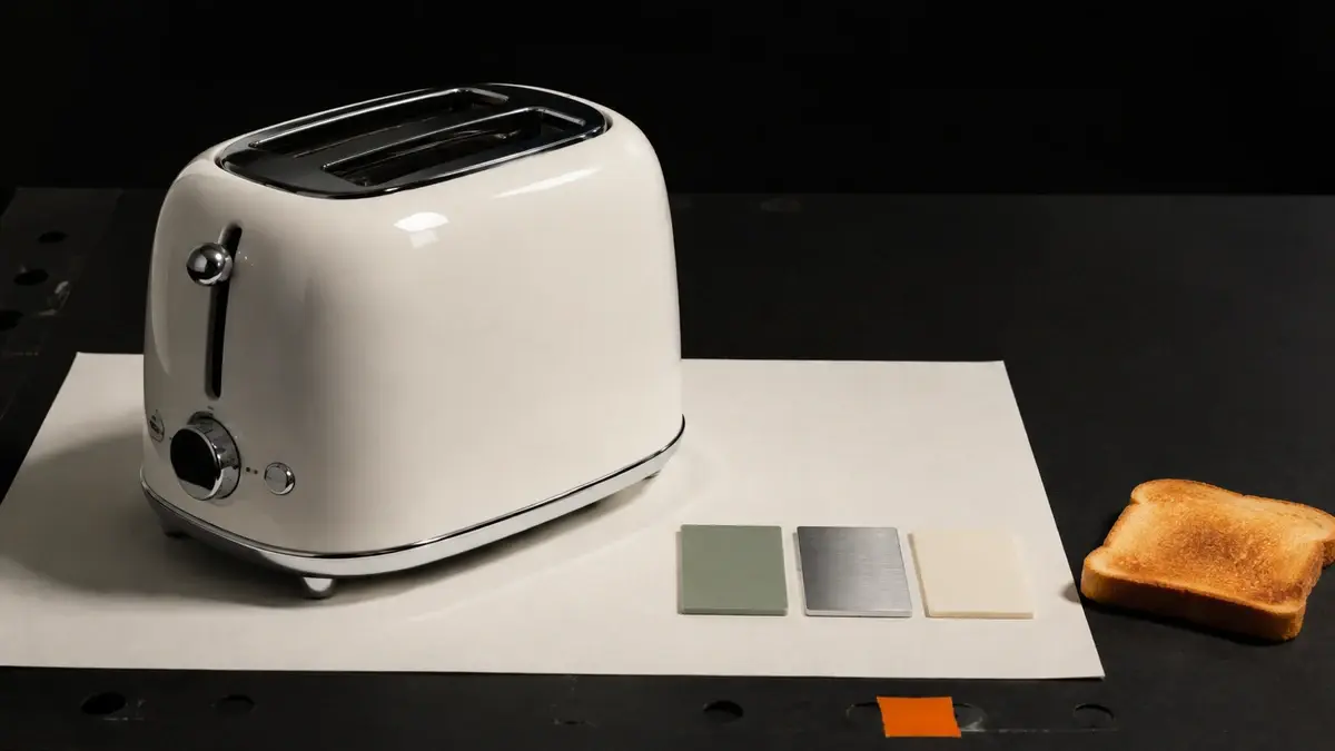 Avrundet hvit retrobrødrister med tre materialprøver og en ristet brødskive